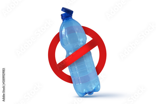 Plastic bottle of mineral water with prohibition sign on white background - Stop plastic concept