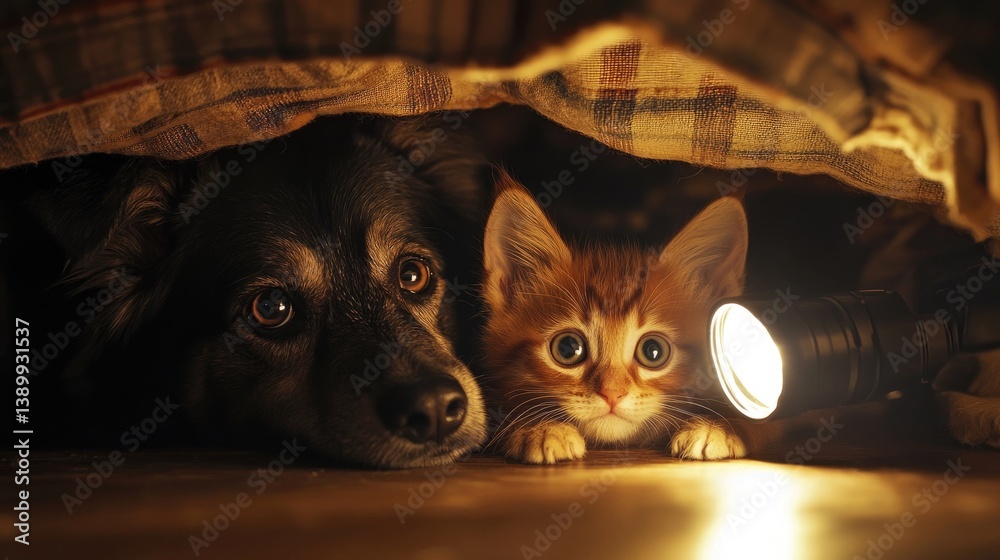 Adorable Dog and Cat Hiding Together Under a Blanket with a Flashlight Illuminating their Curious Faces