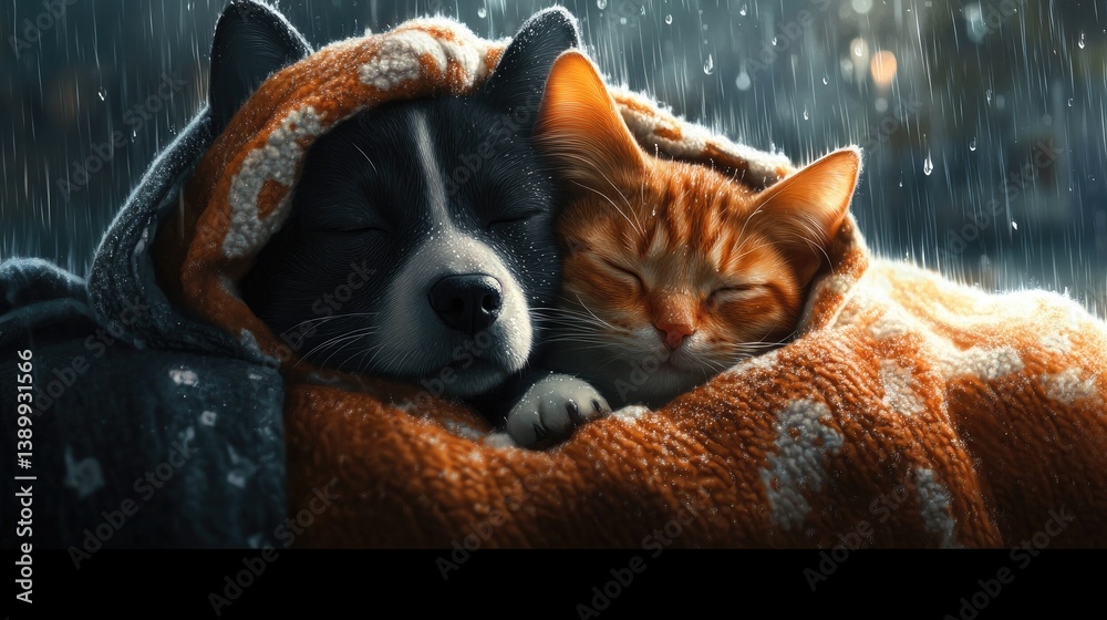 Cozy Black Dog and Orange Cat Snuggled Together Under a Blanket in Rainy Weather