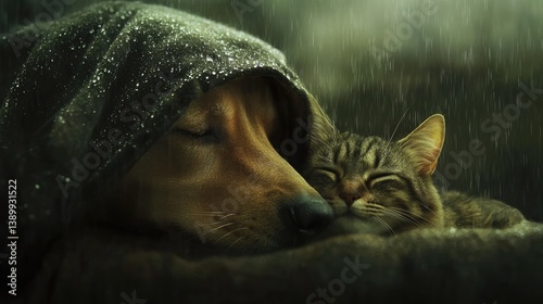 Heartwarming Moment of a Dog and Cat Snuggled Together Under a Blanket in the Rain