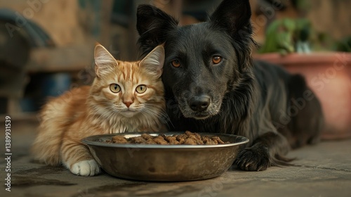 Obraz na płótnie Playful Cat and Loyal Dog Sharing a Meal in a Cozy Home Environment with Natural Light and Warm Tones w salonie
