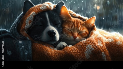 Obraz na płótnie Cozy Black Dog and Orange Cat Snuggled Together Under a Blanket in Rainy Weather w salonie