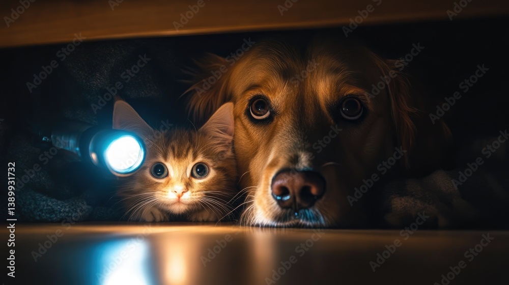 Curious Cat and Loyal Dog Gaze Together Under Furniture with Flashlight Light in Cozy Home Environment
