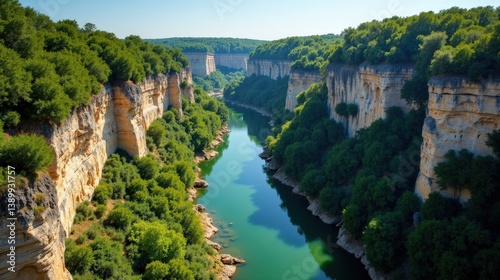 Gorges de l'Ardèche in France with mild, sunny summer weather at midday, seen from above.