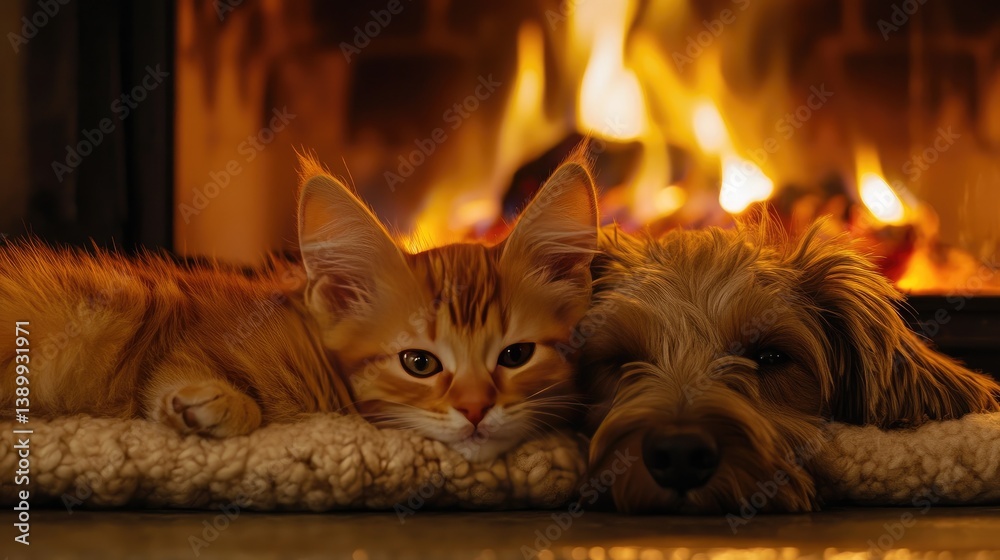 Cozy Cat and Dog Relaxing Together by the Fireplace in a Warm and Inviting Living Room Atmosphere