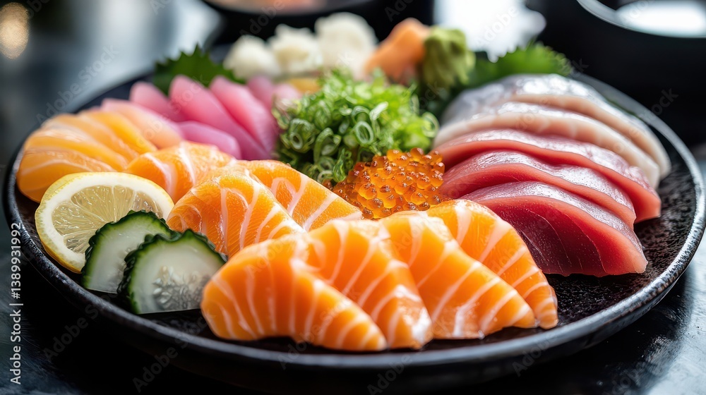 A high-end sashimi platter on a black plate, featuring beautiful, thin slices of fish, complemented with pickled ginger and wasabi for a perfect balance of flavors. A high-end sashimi platter on a black plate, featuring beautiful, thin slices of fish, complemented with pickled ginger and wasabi for a perfect balance of flavors.