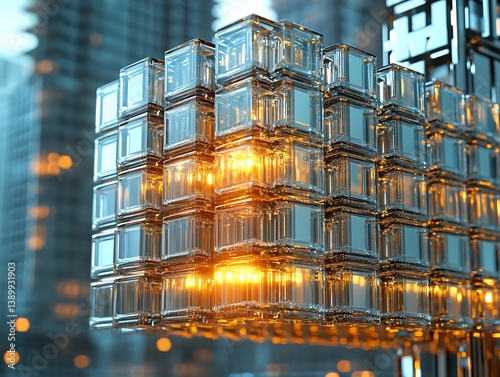 Glistening grid of transparent cubes with warm luminance in cityscape backdrop