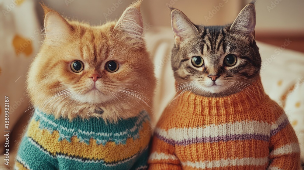 Adorable Cats in Cozy Sweaters for a Cute Indoor Scene Captured in Warm Lighting
