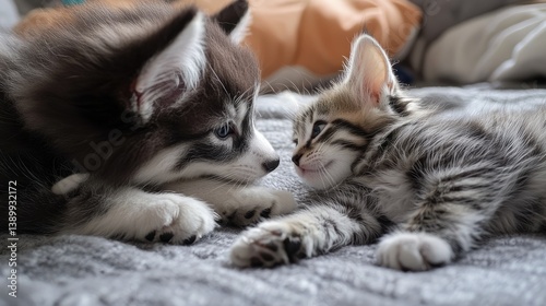 Obraz na płótnie Cute Puppy and Kitten Facing Each Other with Affection on Cozy Blanket in Indoor Setting w salonie