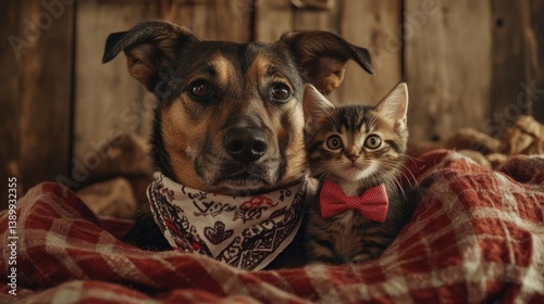 Adorable Dog with Cat in Cozy Setting Surrounded by Warm Blanket and Wooden Background