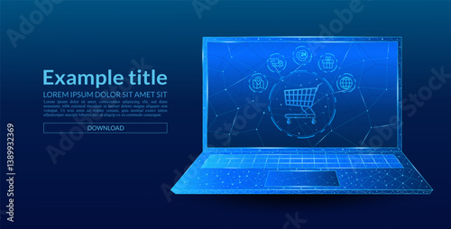 Laptop in foreground, low poly e-commerce style, electric blue, online shopping technology with cart icon on blue tech background