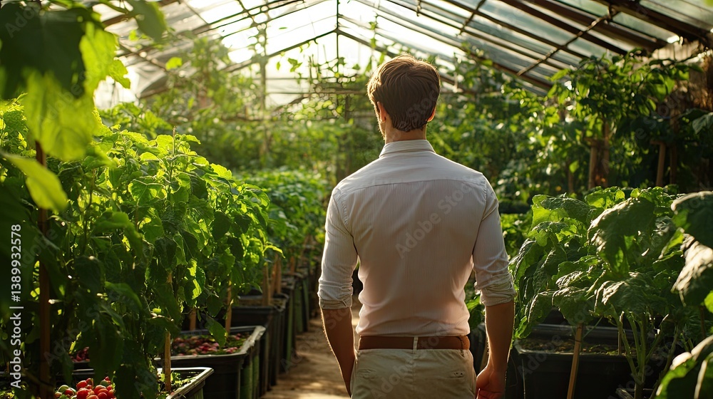 Obraz premium Man in Greenhouse Observing Organic Plants and Vegetables Growth
