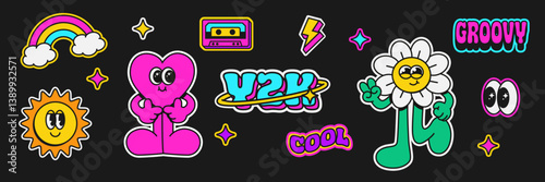 Retro y2k style sticker set. Collection of vintage groovy elements Trendy template of daisy, heart and sun character
