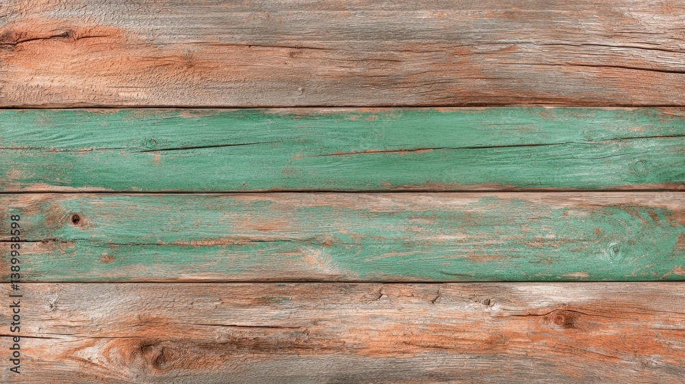 Obraz premium A textured wooden surface featuring weathered brown and green planks, showcasing natural variations and rustic charm.