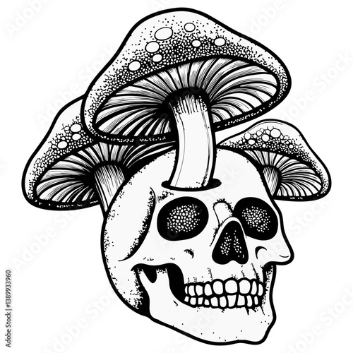 sketch of skull and mushrooms