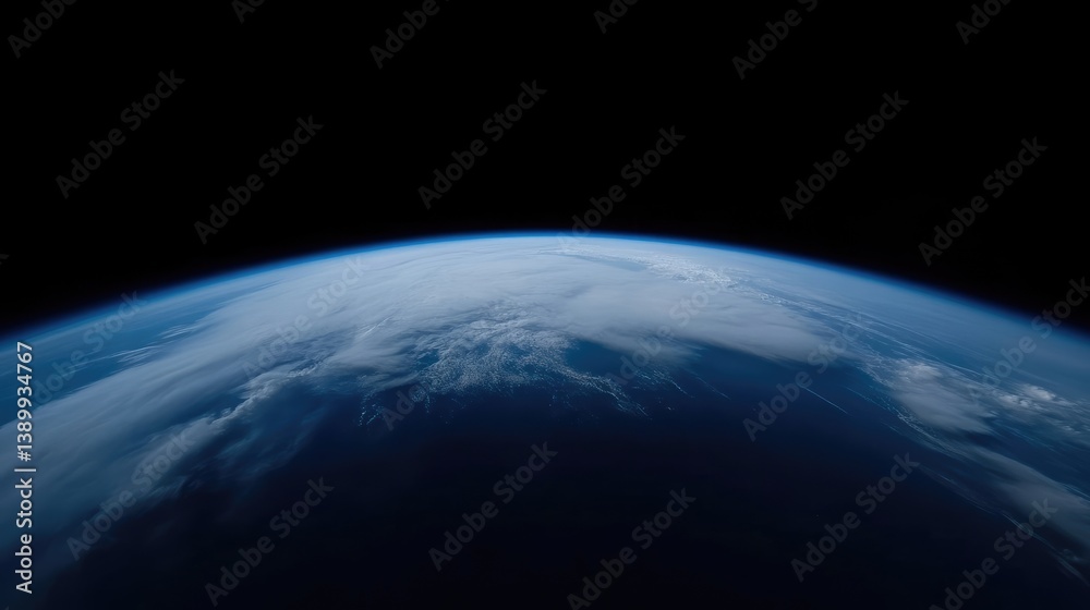 Fototapeta premium Earth from space, a celestial view. Vast expanse of the planet, a beautiful blue marble, encircled by darkness. Clouds drift across the surface