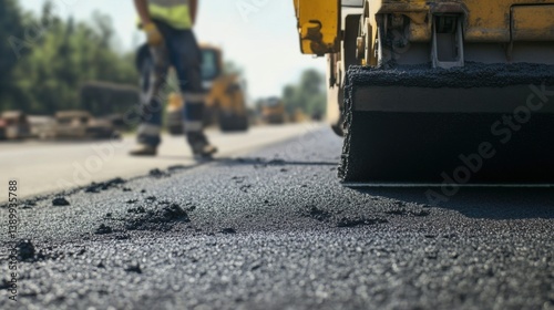 A road worker installing asphalt on a newly paved highway. Featuring precision and teamwork