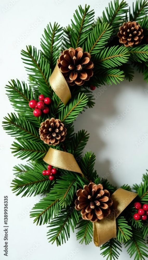 Pine cone and ribbon wrapped fir branch wreath, seasonal, decorative Pine cone and ribbon wrapped fir branch wreath, seasonal, decorative