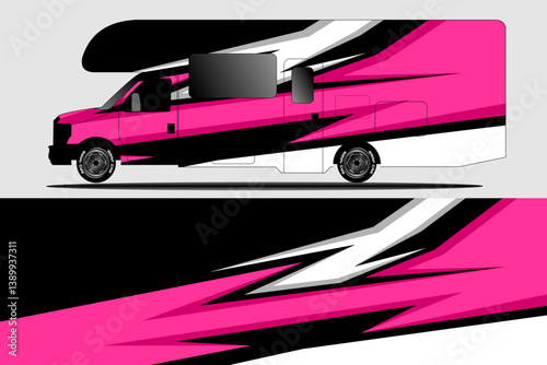 Vibrant pink and black camper van design showcasing dynamic graphics on a minimalist background