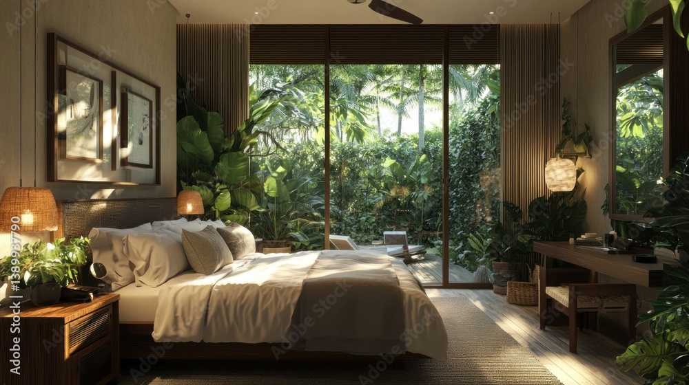 Fototapeta premium Serene Tropical Bedroom Oasis: Luxurious Interior Design with Garden Views