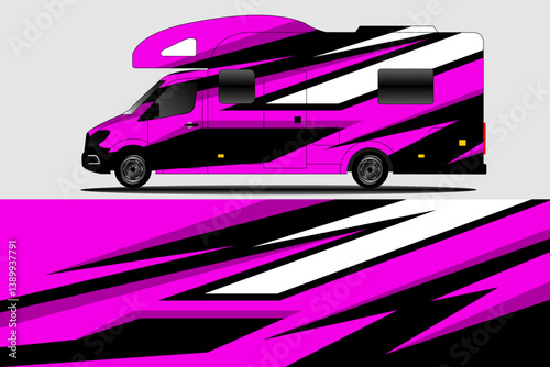 Vibrant pink and black camper van design showcasing dynamic patterns against a neutral background