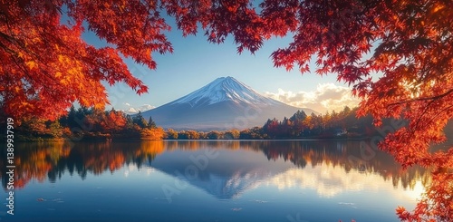 Mt Fuji Autumn Leaves Tranquil Lake Scenic View Morning Fog Vibrant Japan Travel Destination