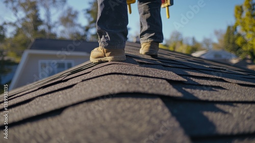 A roofer repairing shingles on a steep roof. Featuring focus and dexterity