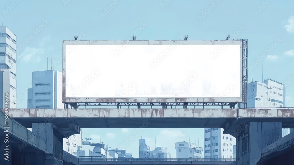 Obraz premium Empty white billboard hangs on concrete urban bridge. Modern billboard advertising space for commercial promotion. Cityscape background with buildings, light blue sky. Blank space for advertisement.