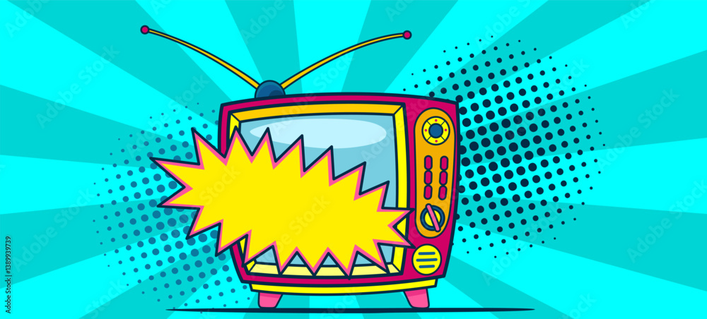 Comic retro tv on halftone and dots backdrop. Vector colorful background in pop art retro comic style. Cartoon vintage 70s, 80s television
