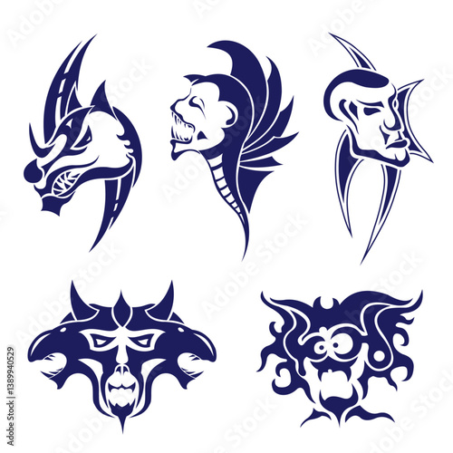 Tribal beast tattoos, vector illustrations of abstract monster faces with different emotions