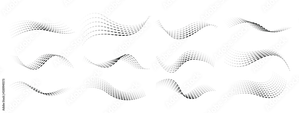 Dotted halftone waves set. Flowing wavy lines patterns. Abstract liquid shapes, wave effect dotted gradient textures. Curve textures with halftone circular point isolated on white background