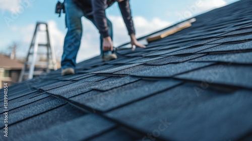 A roofing specialist inspecting the integrity of a roof. Featuring assessment and care