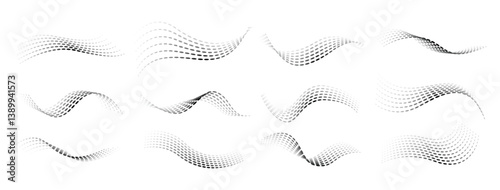 Obraz na płótnie Dotted halftone waves set. Flowing wavy lines patterns. Abstract liquid shapes, wave effect dotted gradient textures. Curve textures with halftone circular point isolated on white background w salonie