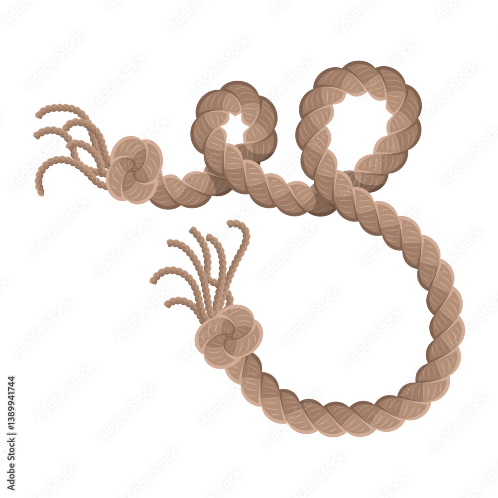 Hanging rope with tassel and node. Knitted nautical thread or marine vertical fiber. Textile tassel hang at rope isolated on white background. Vector illustration