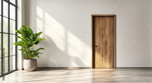 Modern Scandinavian Living Room Interior with Plant and Wooden Door Design