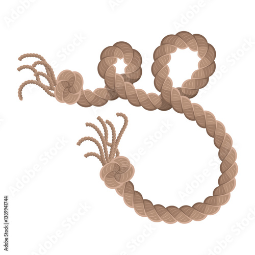 Obraz na płótnie Hanging rope with tassel and node. Knitted nautical thread or marine vertical fiber. Textile tassel hang at rope isolated on white background. Vector illustration w salonie
