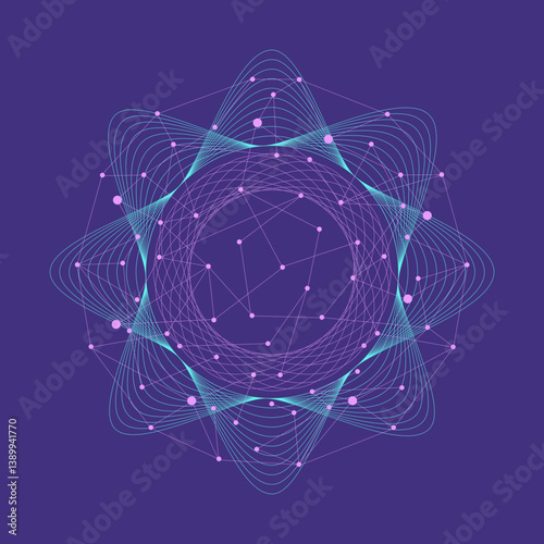 Abstract blue flower fractal circles background for global data integration, pink connected dots, sphere lines outline wireframe, technology, AI, quantum data, energy vibration in space wallpaper