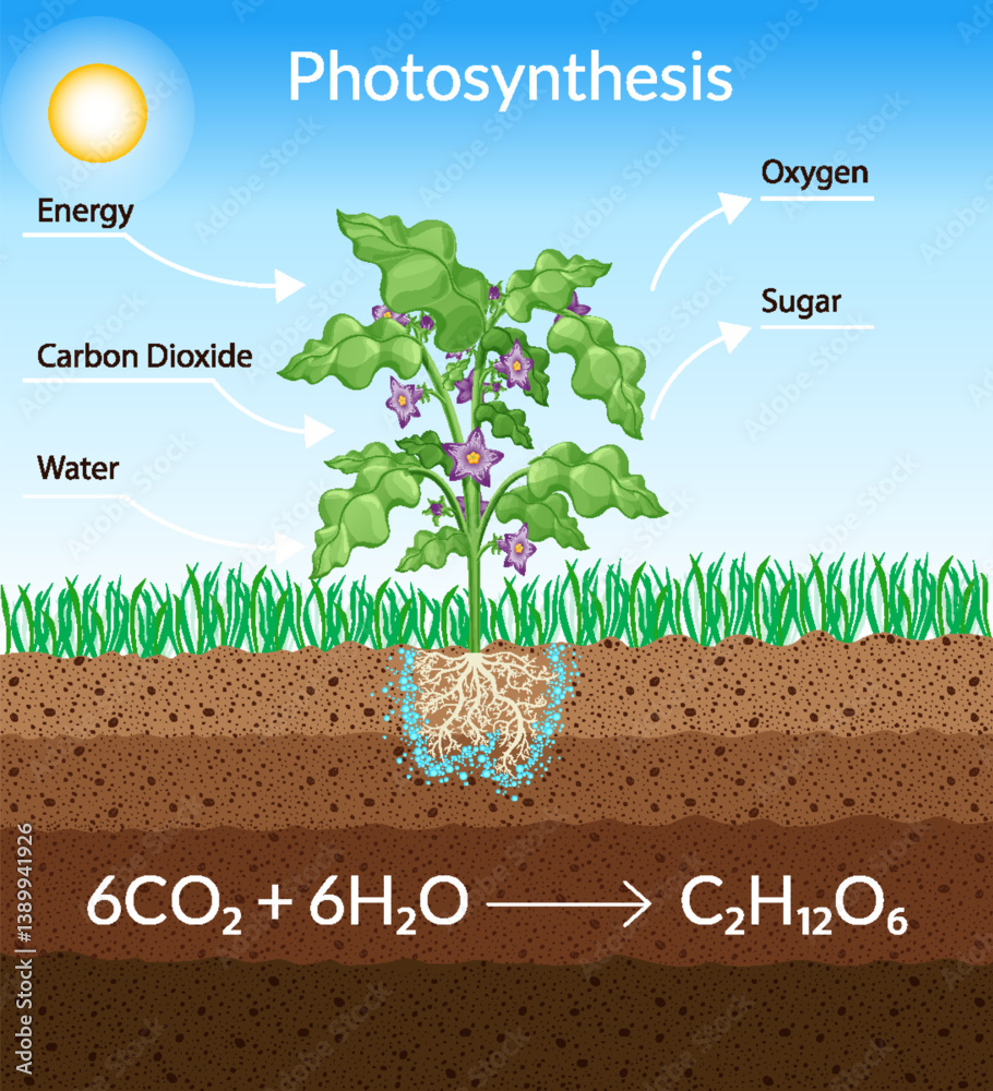 Photosynthesis process. Tree produce oxygen using rain and sun. Diagram showing process of photosynthesis in plant. Colorful biology scheme for education in flat style