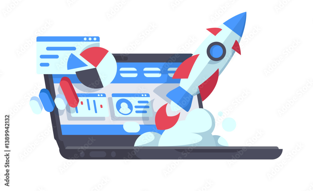 Successful start up, starting new business project. Starting launch, entrepreneurial concept. Rocketship on computer for startup media. Vector cartoon illustration