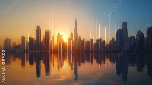 Bar chart with sharp upward spikes, clear city skyline and morning light shining behind