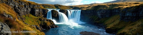 serene waterfalls cascading down rugged Scottish landscape, falls, landscape