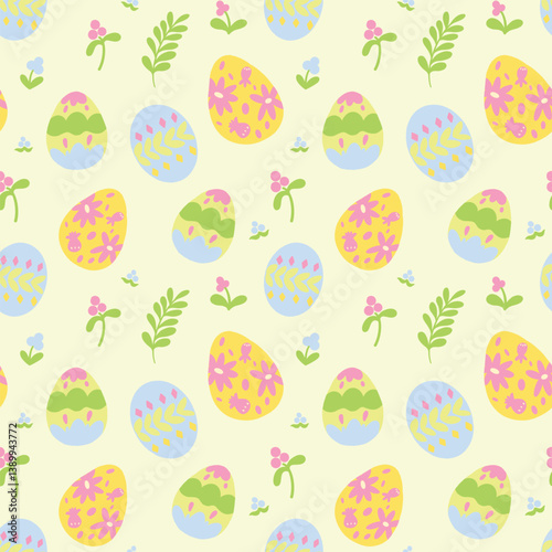 Easter pattern with eggs and flowers. Seamless easter pattern vector. Cute painted easter eggs pattern. Spring mood illustration