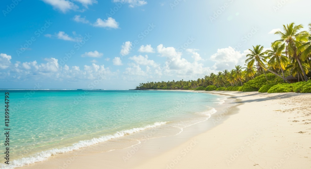 Tropical Paradise: Idyllic Beach Scene with Azure Waters and Lush Palm Trees Tropical Paradise: Idyllic Beach Scene with Azure Waters and Lush Palm Trees