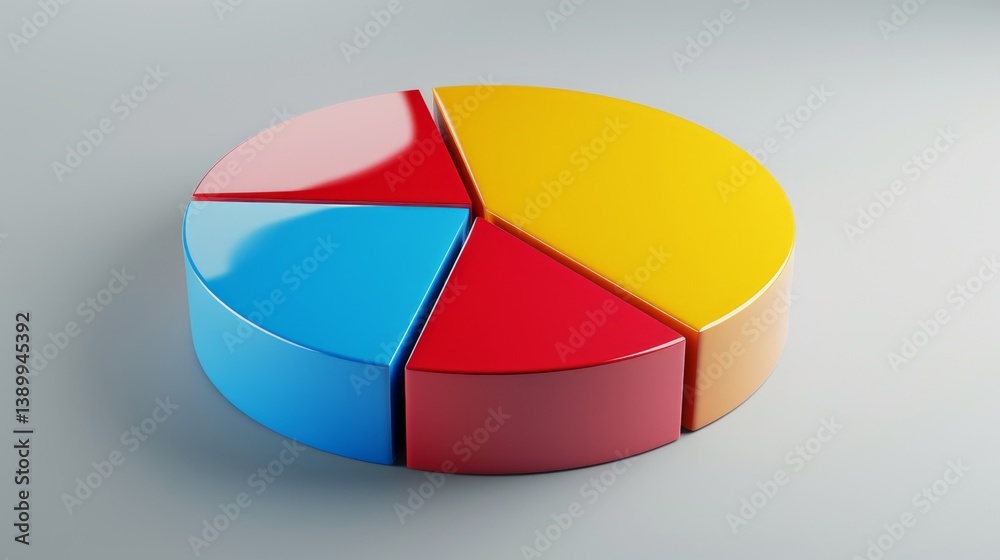 Obraz premium Glossy D pie chart with bold red, blue, and yellow parts on a flat gray surface