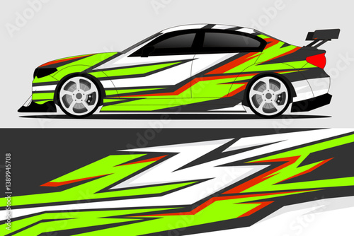 Vibrant racing car design featuring bold graphics and colors, set against a minimalist background