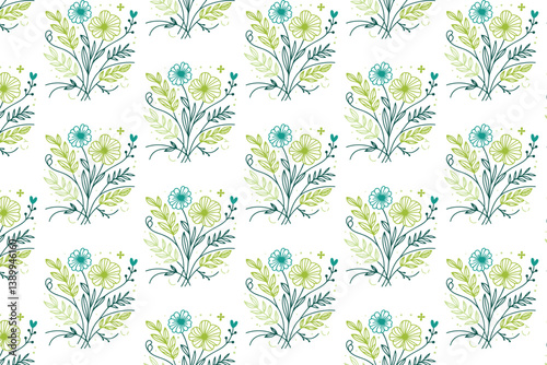 botanical tile design with hand drawn floral stems and foliage in seamless pattern for wrapping fabric skirts and table tops

