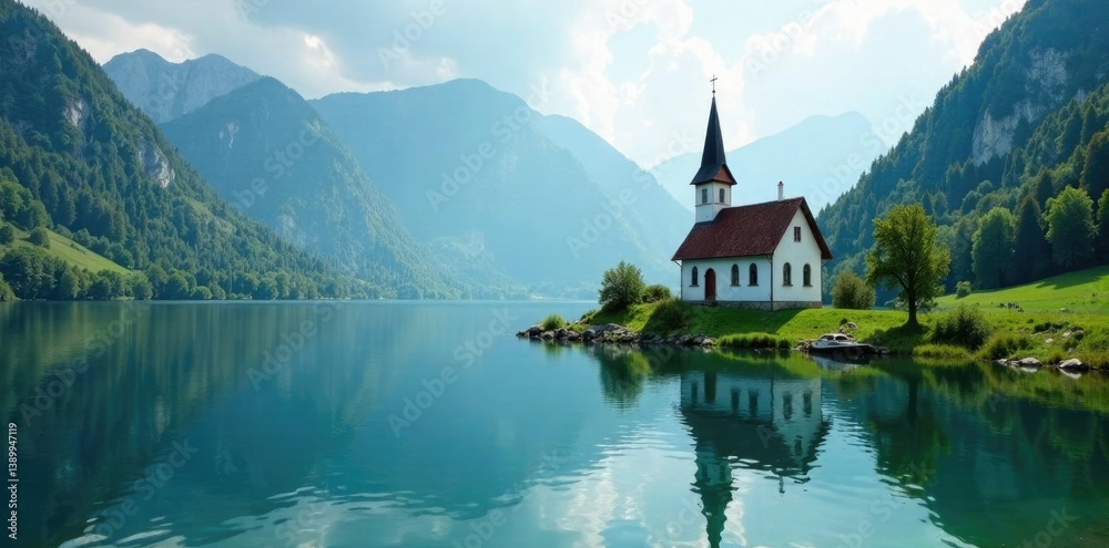 Fototapeta premium Small church on the shore of a small lake with a calm lake surface, small church, clear water, serene