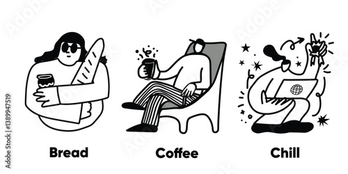 Cute and playful hand-drawn coffee shop icons in vector format. This set includes outline doodles of coffee drinks, bakery treats, café tools, and supplies—ideal for menu design, social media
