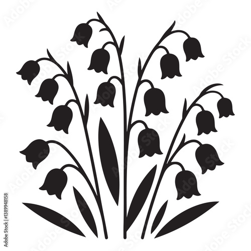 Lily of the valley flowers. Vector black silhouettes. with white background
