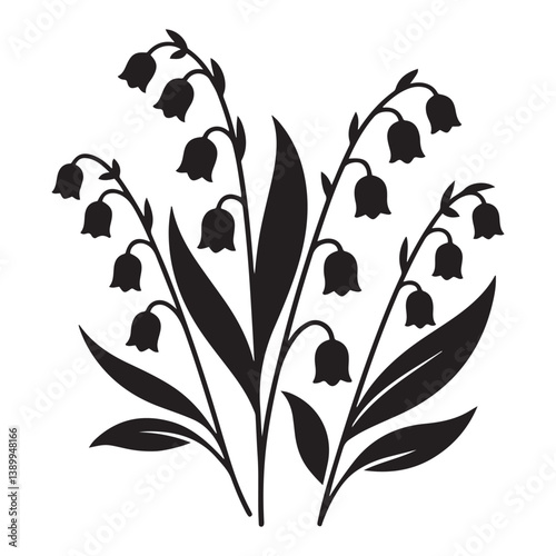 Lily of the valley flowers. Vector black silhouettes. with white background